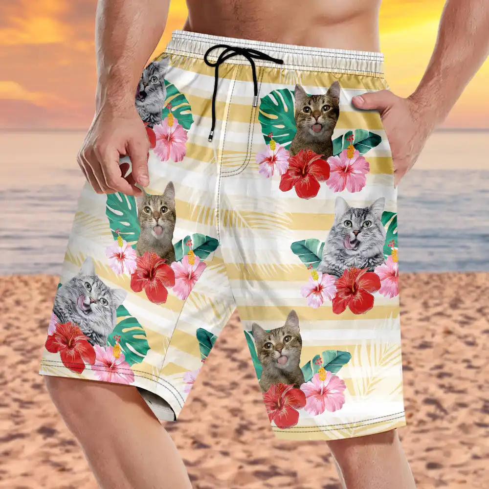 Custom Photo Human And Pet Face Tropical Striped - Personalized Unisex Beach Shorts - Image 4