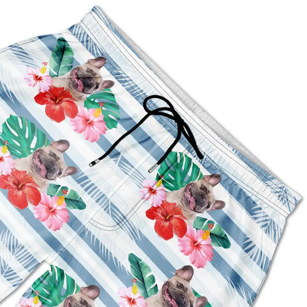 Custom Photo Human And Pet Face Tropical Striped - Personalized Unisex Beach Shorts - Image 6