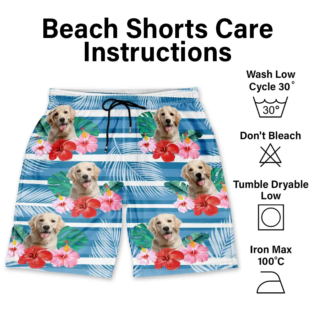 Custom Photo Human And Pet Face Tropical Striped - Personalized Unisex Beach Shorts - Image 7
