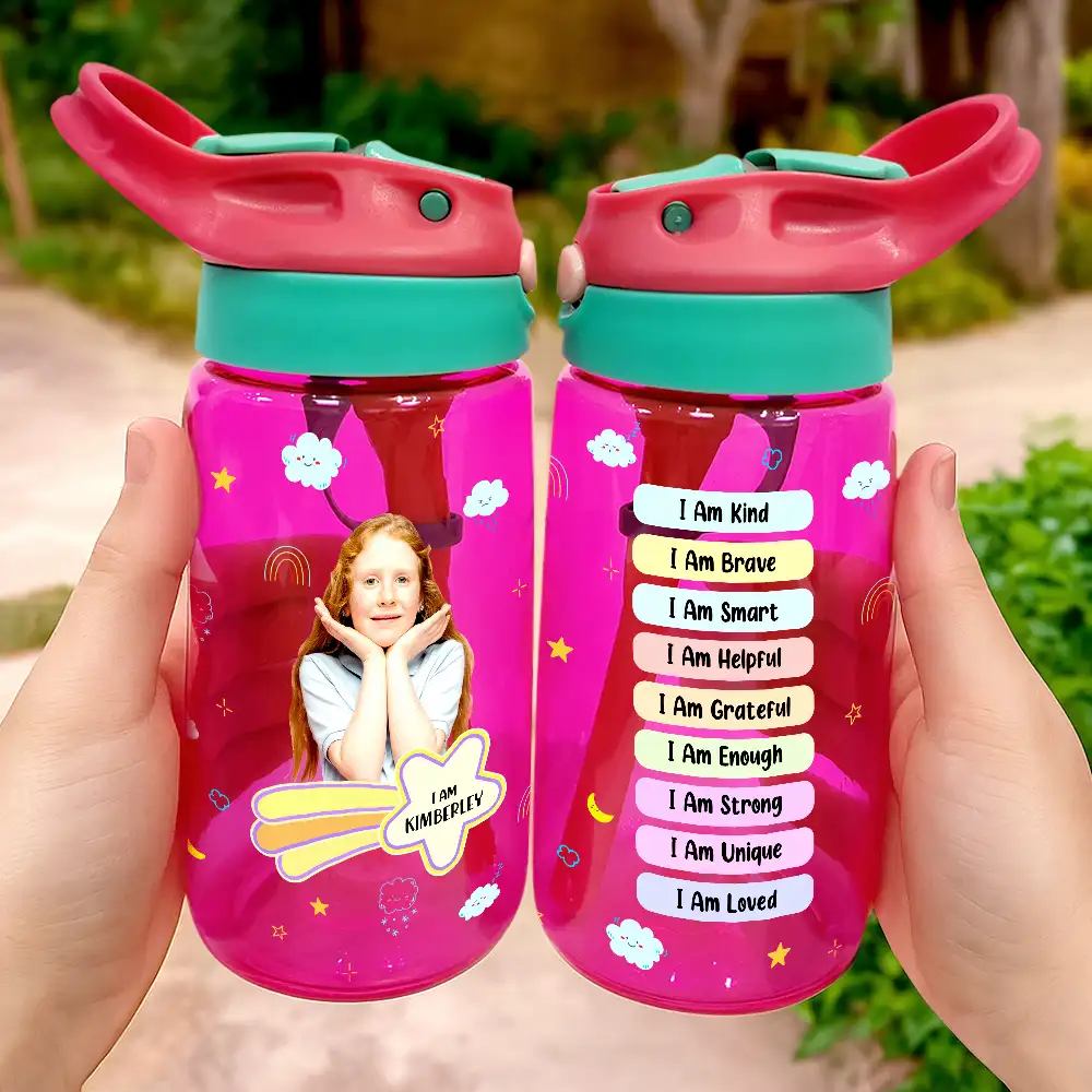 Custom Photo I Am Affirmations - Personalized Kids Water Bottle With Straw - Image 2