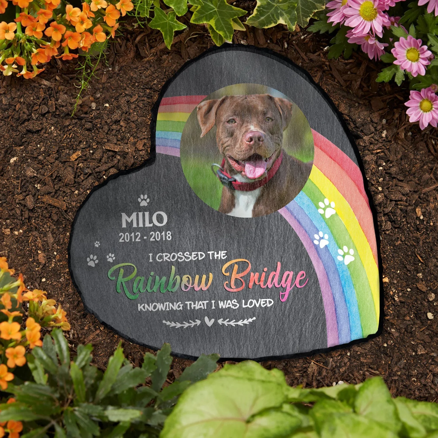 Custom Photo I Crossed The Rainbow Bridge Knowing That I Was Loved - Pet Memorial Gift - Personalized Heart Memorial Garden Stone - Image 3