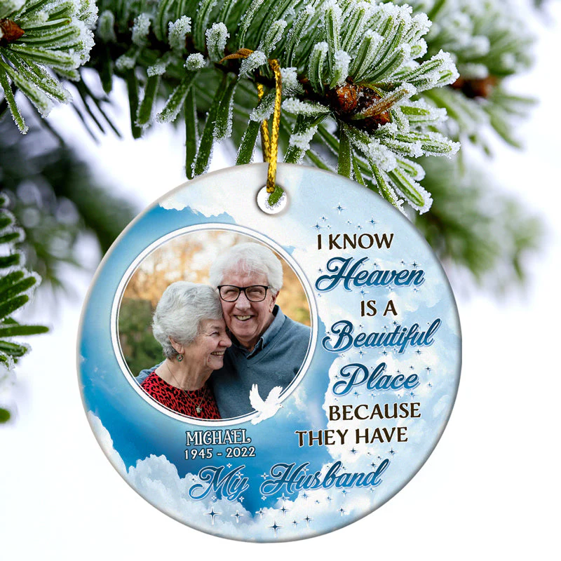 Custom Photo I Know Heaven Is A Beautiful Place - Memorial Gift For Family - Personalized Custom Circle Ceramic Ornament - Image 3