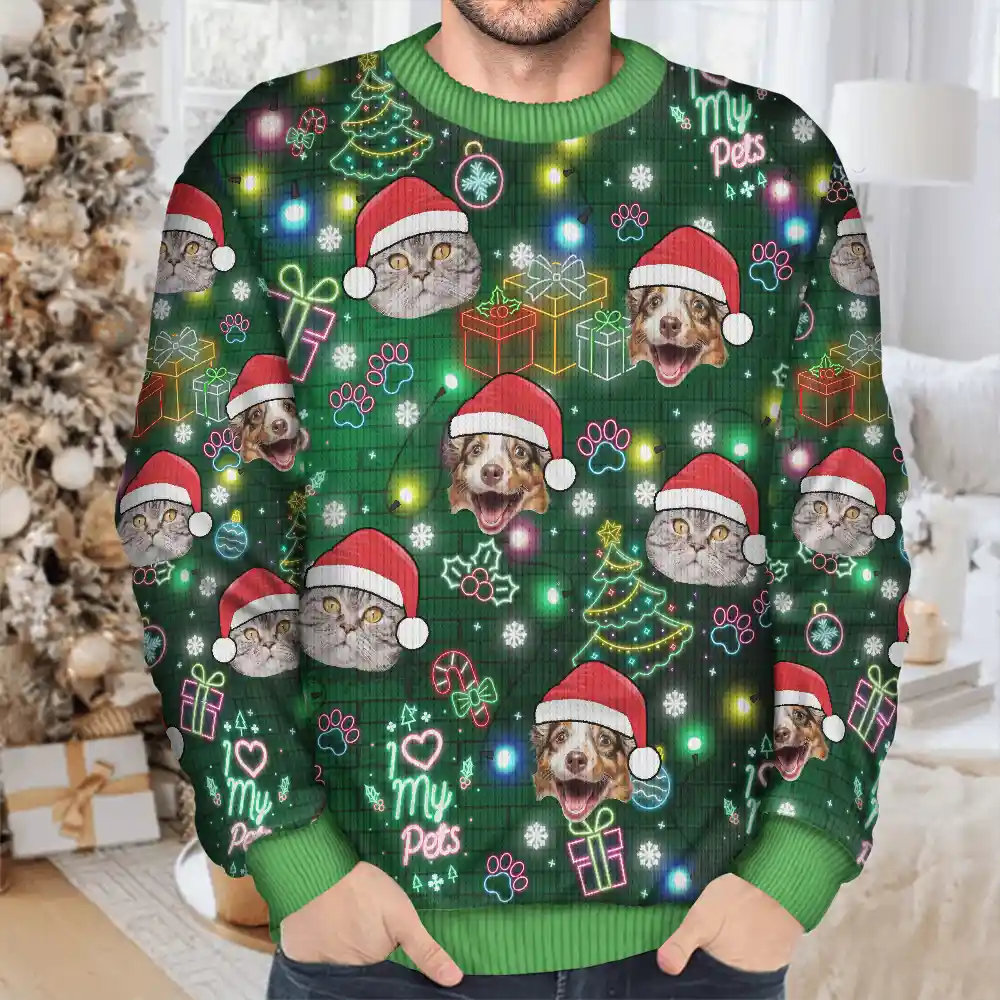 Custom Photo I Love My Dog Cat Pet Neon Christmas Light Style - Personalized Unisex Ugly Sweater - Image 5