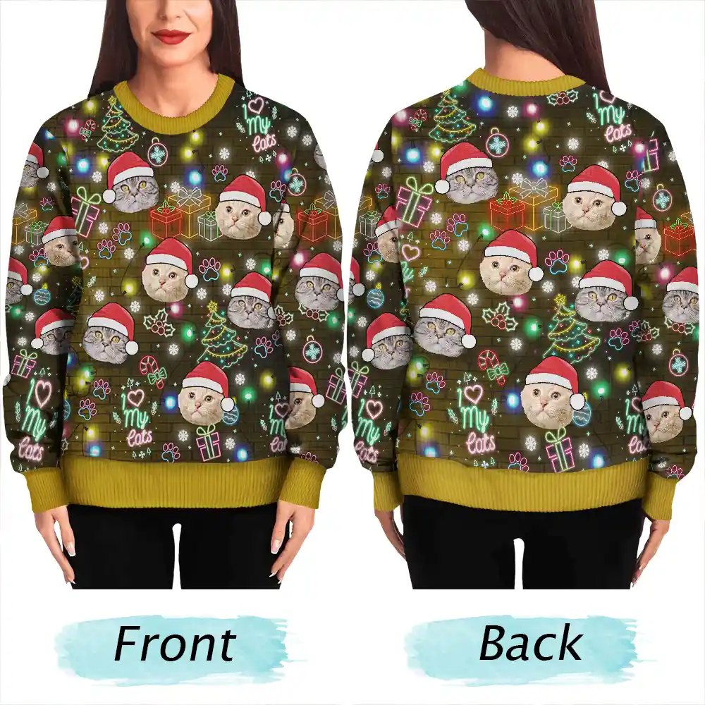 Custom Photo I Love My Dog Cat Pet Neon Christmas Light Style - Personalized Unisex Ugly Sweater - Image 6