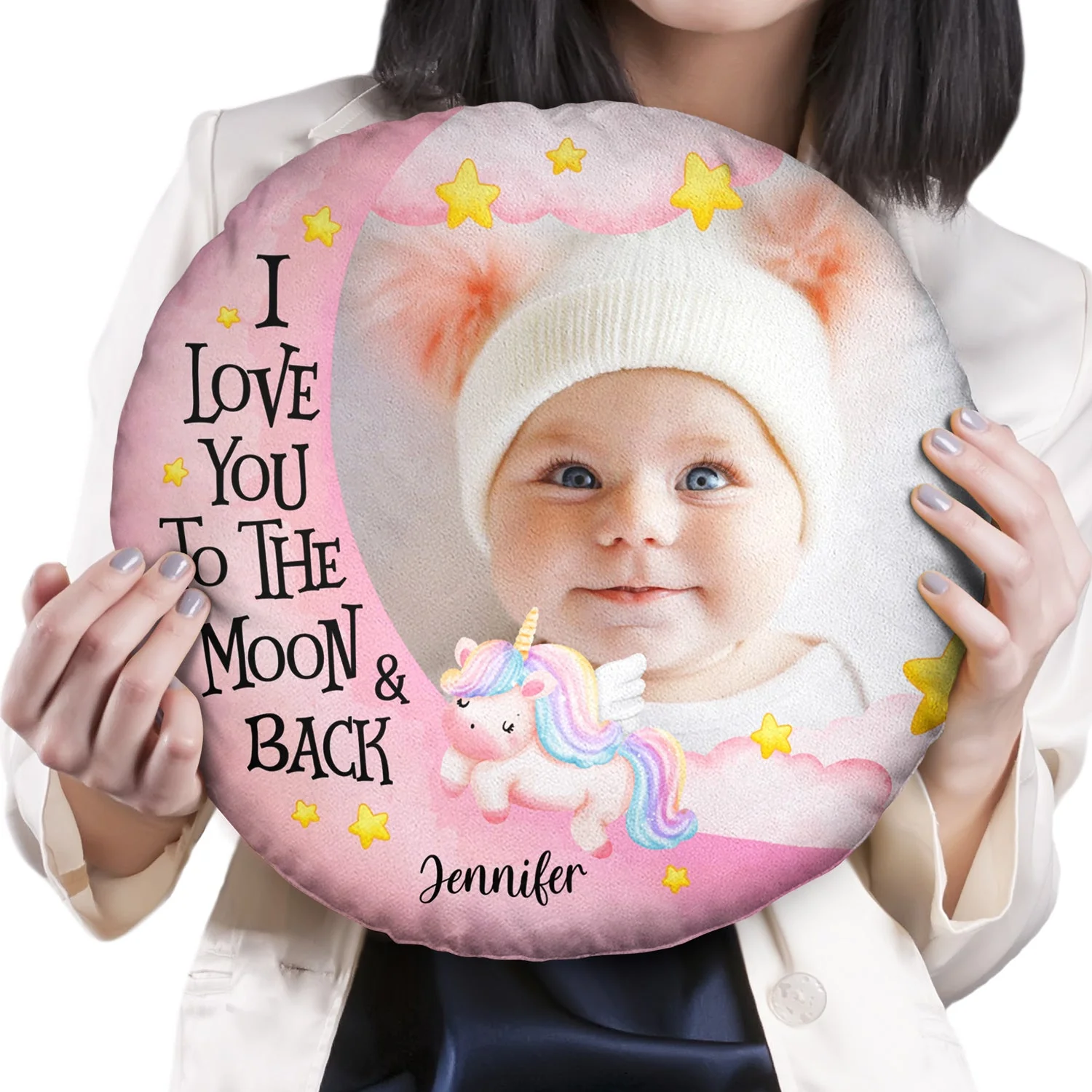 Custom Photo I Love You To The Moon And Back - Gift For Grandson, Granddaughter, Kids - Personalized Round Pillow - Image 2