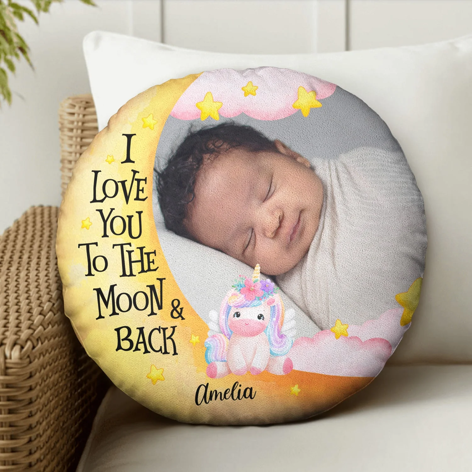 Custom Photo I Love You To The Moon And Back - Gift For Grandson, Granddaughter, Kids - Personalized Round Pillow - Image 3