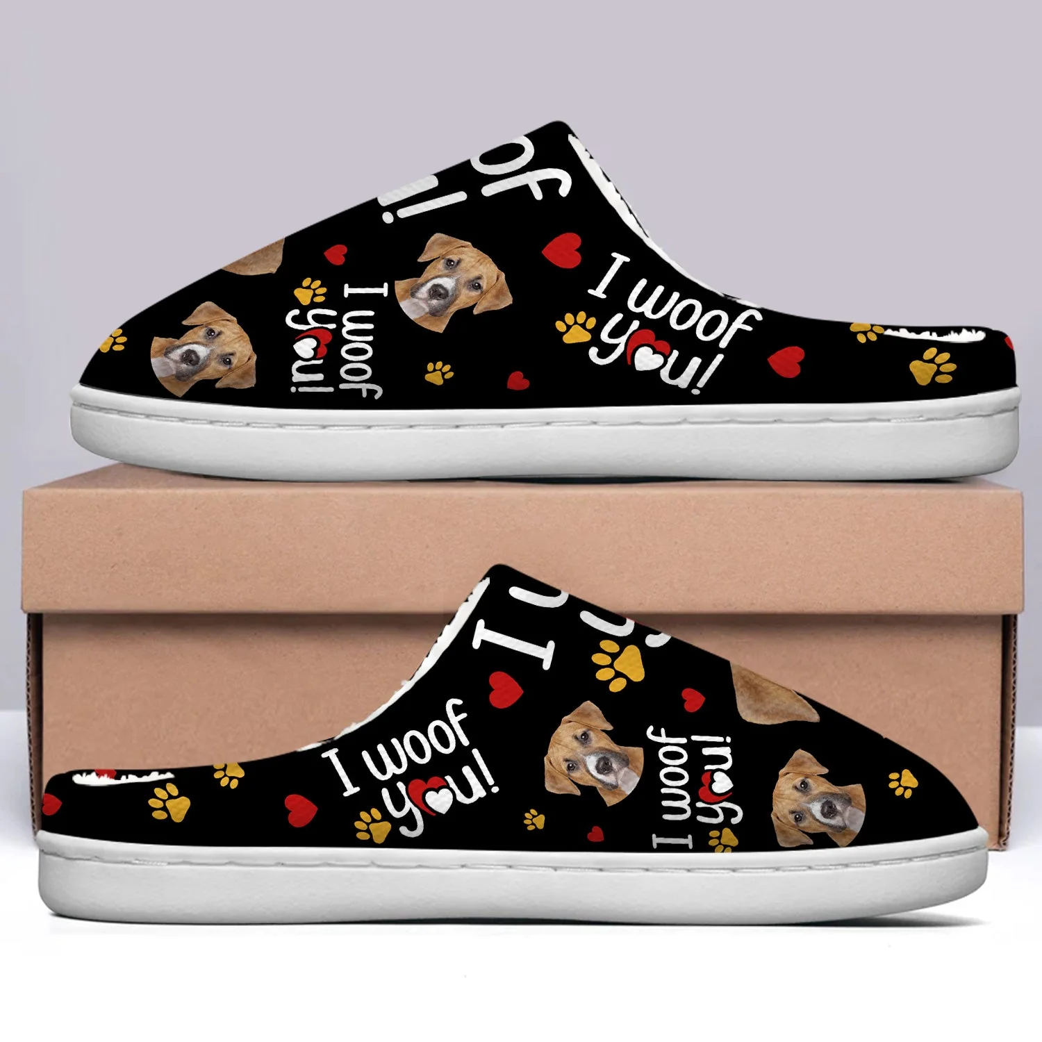 Custom Photo I Woof You - Gift For Dog Lovers - Personalized Fluffy Slippers - Image 5