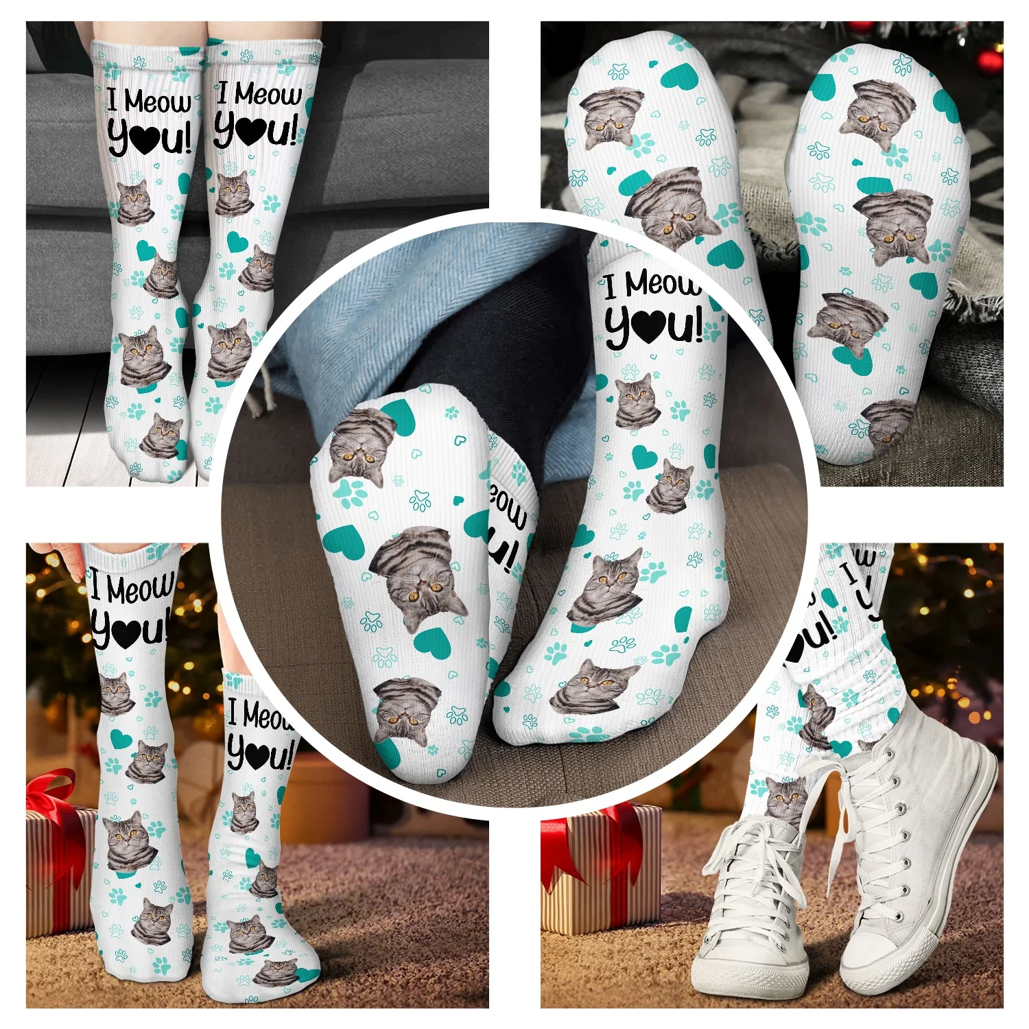 Custom Photo I Woof You I Meow You - Gift For Dog Lovers, Cat Lovers - Personalized Socks - Image 5