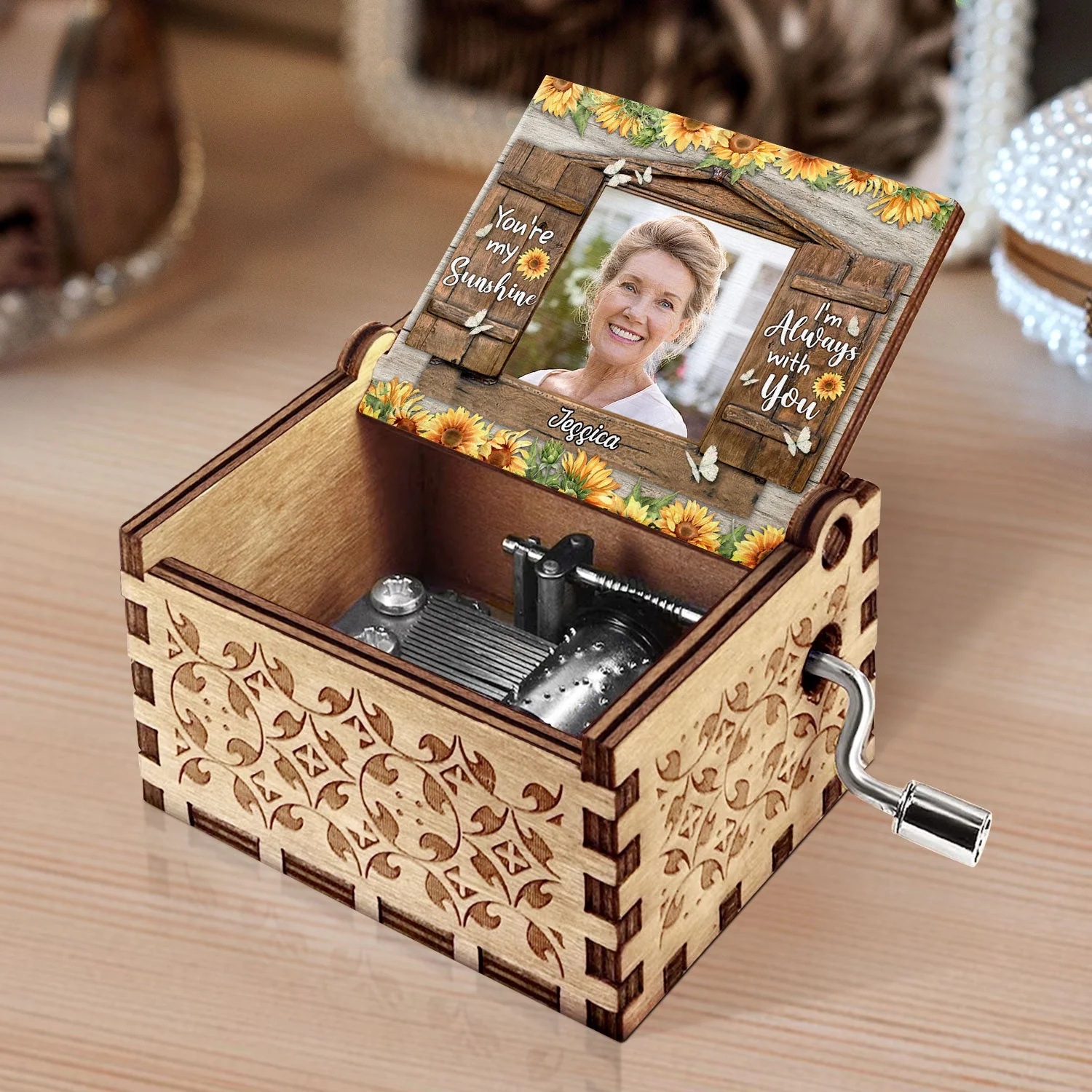 Custom Photo I'm Always With You You're My Sunshine - Memorial Gift For Family, Friends - Personalized Spin Button, Hand Crank Music Box - Image 3