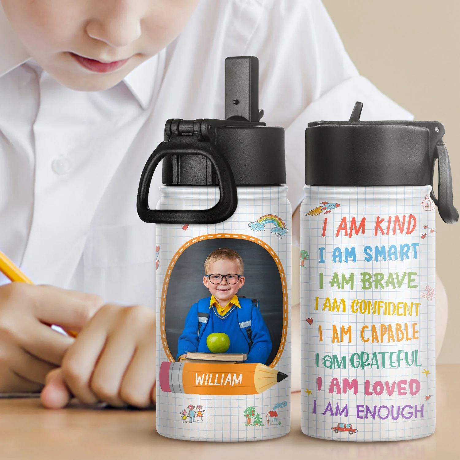 Custom Photo I'm Kind Smart Brave Confident - Gift For Kid, Back To School Gift - Personalized Kids Water Bottle - Image 2