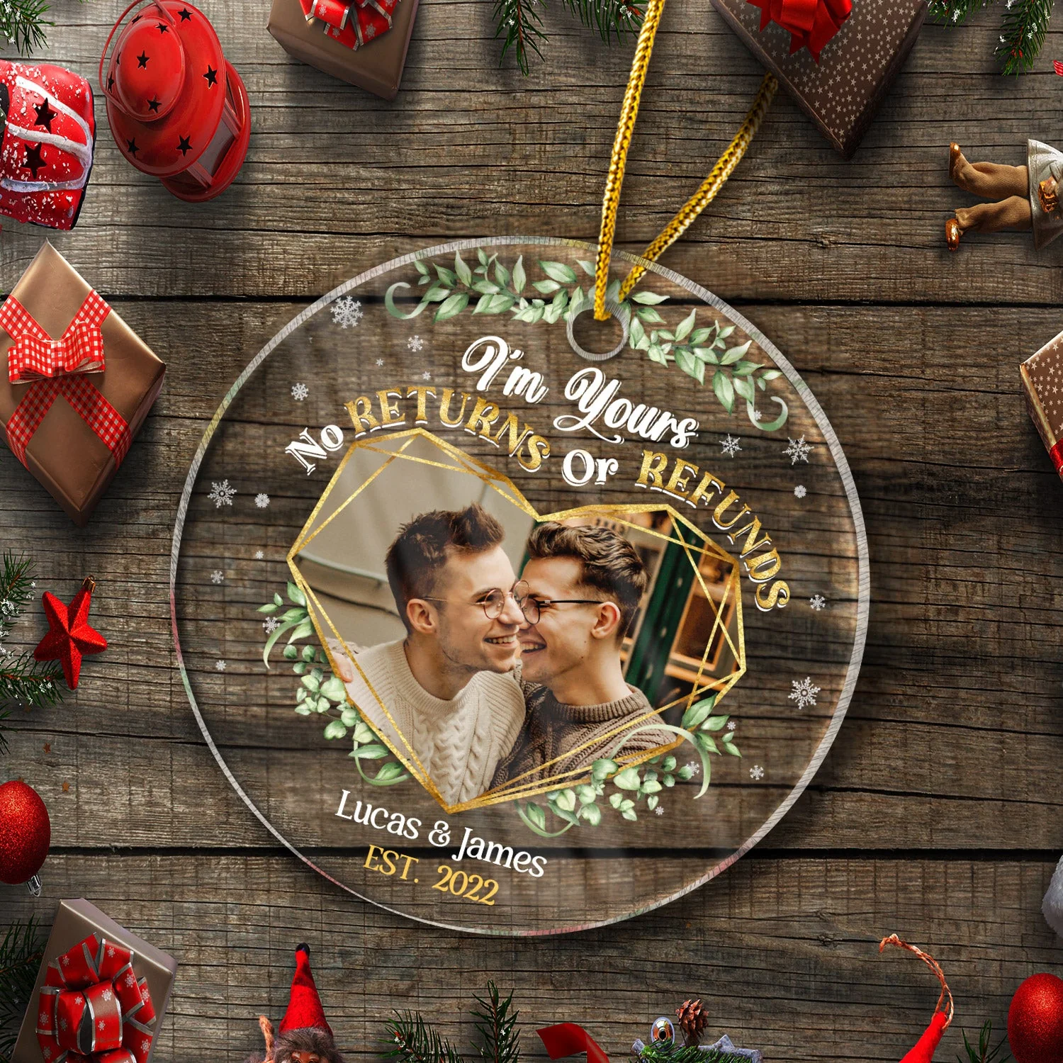Custom Photo I'm Yours No Returns Or Refunds - Christmas Gift For Couple - Personalized Custom Circle Acrylic Ornament - Image 5