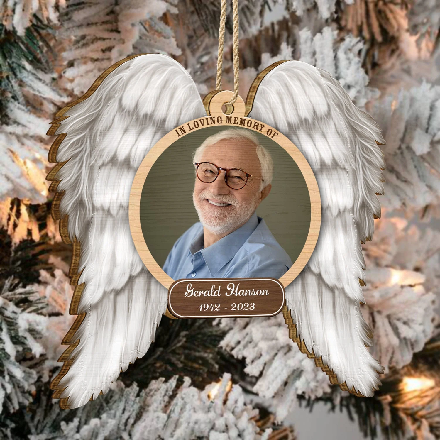 Custom Photo In Loving Memory Angel Wings - Memorial Gift - Personalized Custom Shaped Wooden Ornament - Image 4