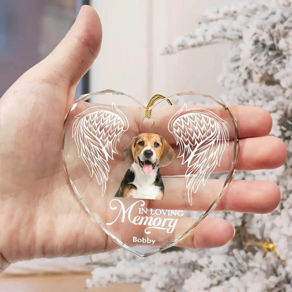 Custom Photo In Loving Memory Angel Wings Pet - Personalized Heart Shaped Glass Ornament - Image 4