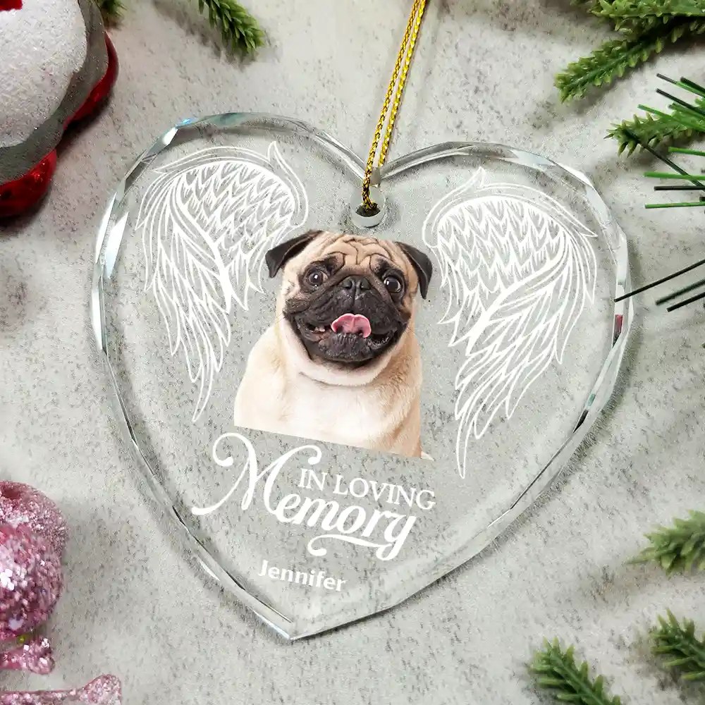 Custom Photo In Loving Memory Angel Wings Pet - Personalized Heart Shaped Glass Ornament - Image 5