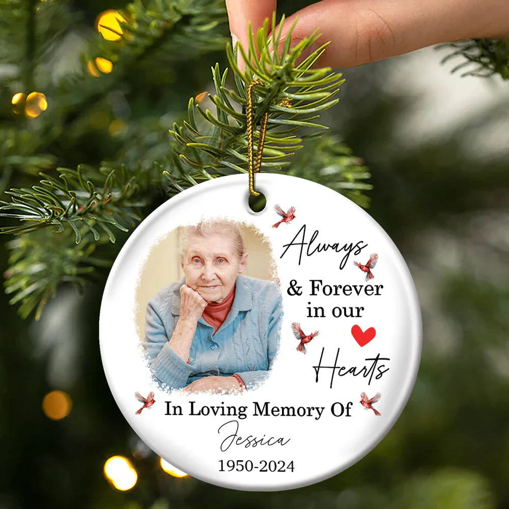 Custom Photo In Loving Memory Christmas Memorial - Personalized Circle Ceramic Ornament - Image 3