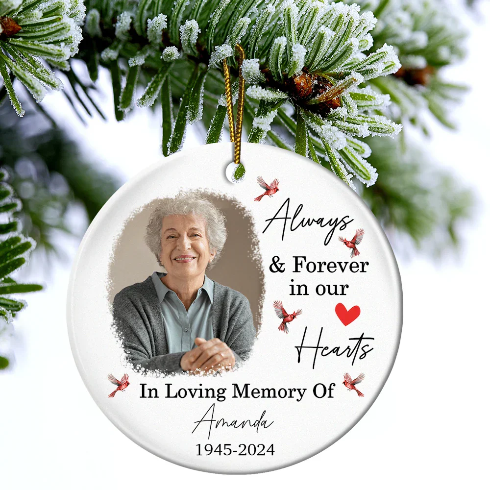 Custom Photo In Loving Memory Christmas Memorial - Personalized Circle Ceramic Ornament - Image 4