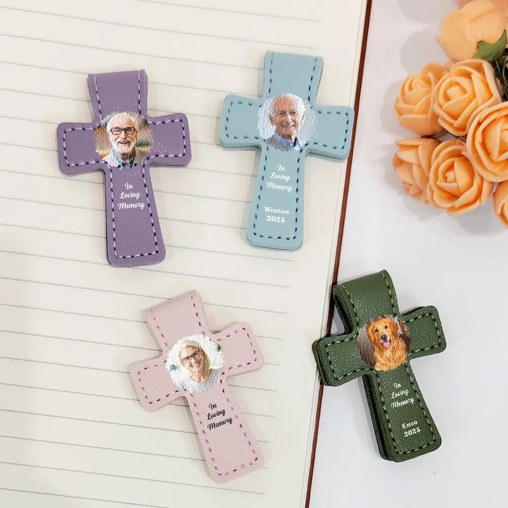 Custom Photo In Loving Memory Memorial - Personalized Cross Leather Magnetic Bookmark - Image 2