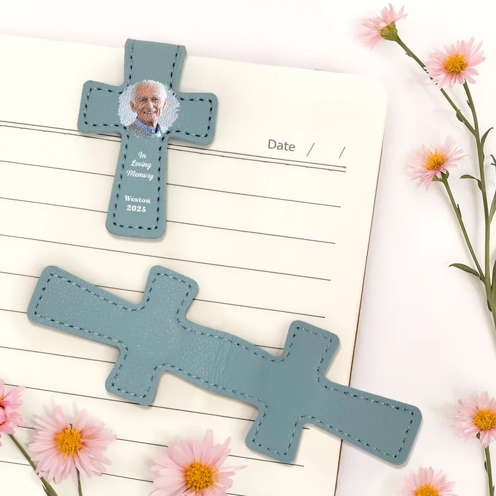 Custom Photo In Loving Memory Memorial - Personalized Cross Leather Magnetic Bookmark - Image 5