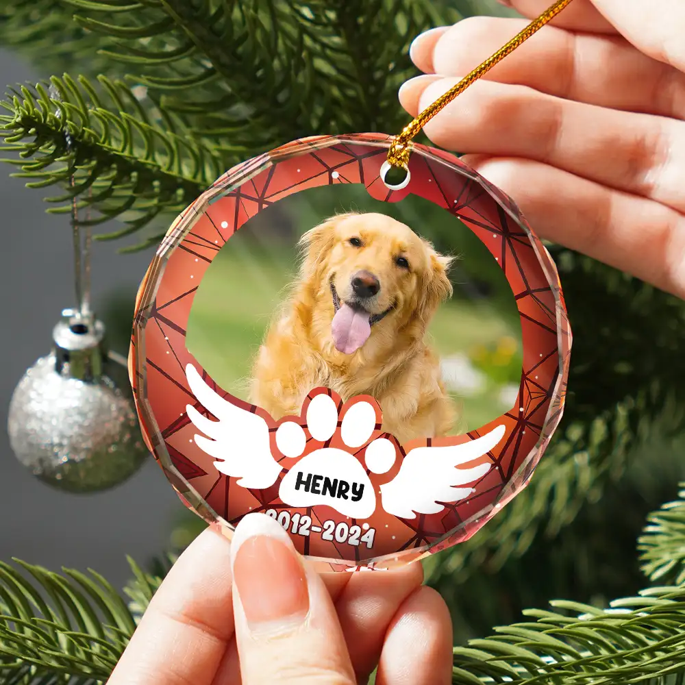 Custom Photo In Loving Memory Pet Wings - Personalized Circle Glass Ornament - Image 2