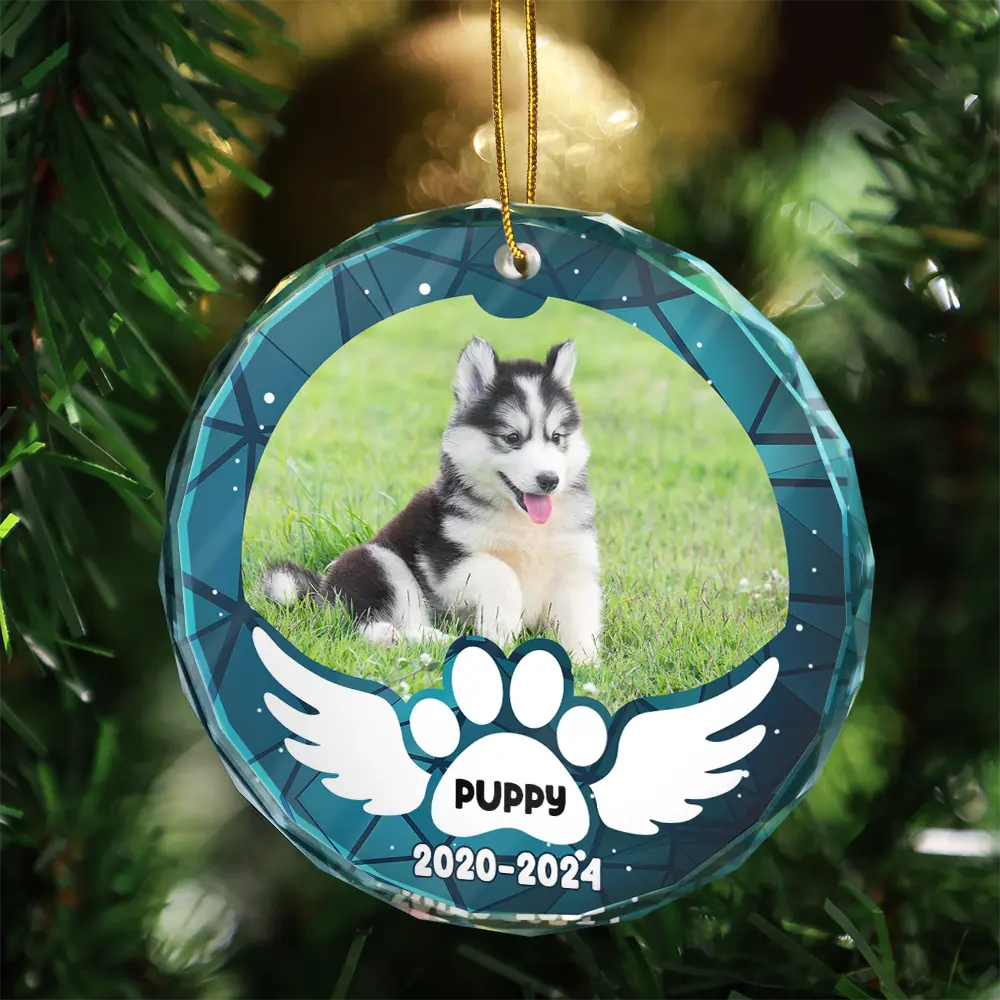 Custom Photo In Loving Memory Pet Wings - Personalized Circle Glass Ornament - Image 3