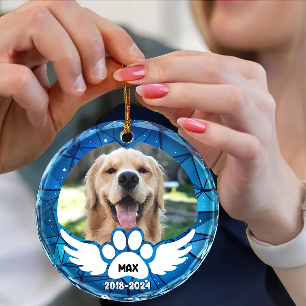 Custom Photo In Loving Memory Pet Wings - Personalized Circle Glass Ornament - Image 4
