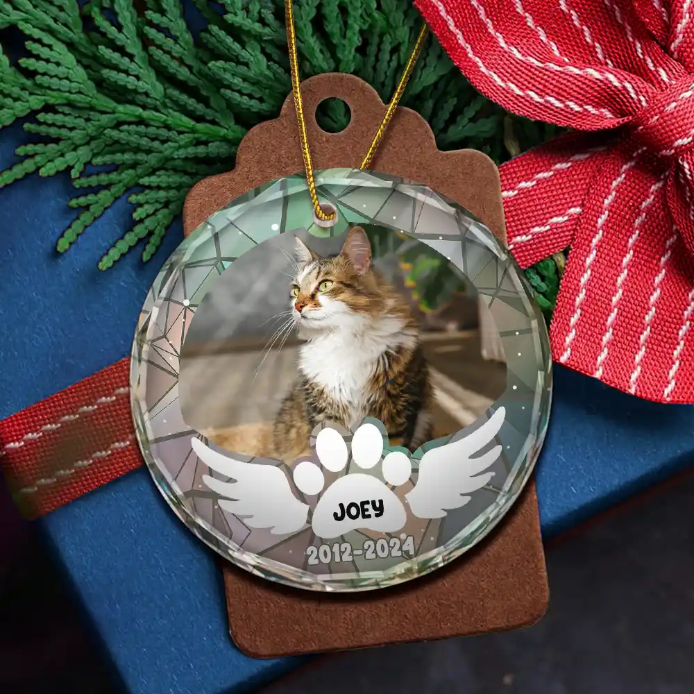 Custom Photo In Loving Memory Pet Wings - Personalized Circle Glass Ornament - Image 5