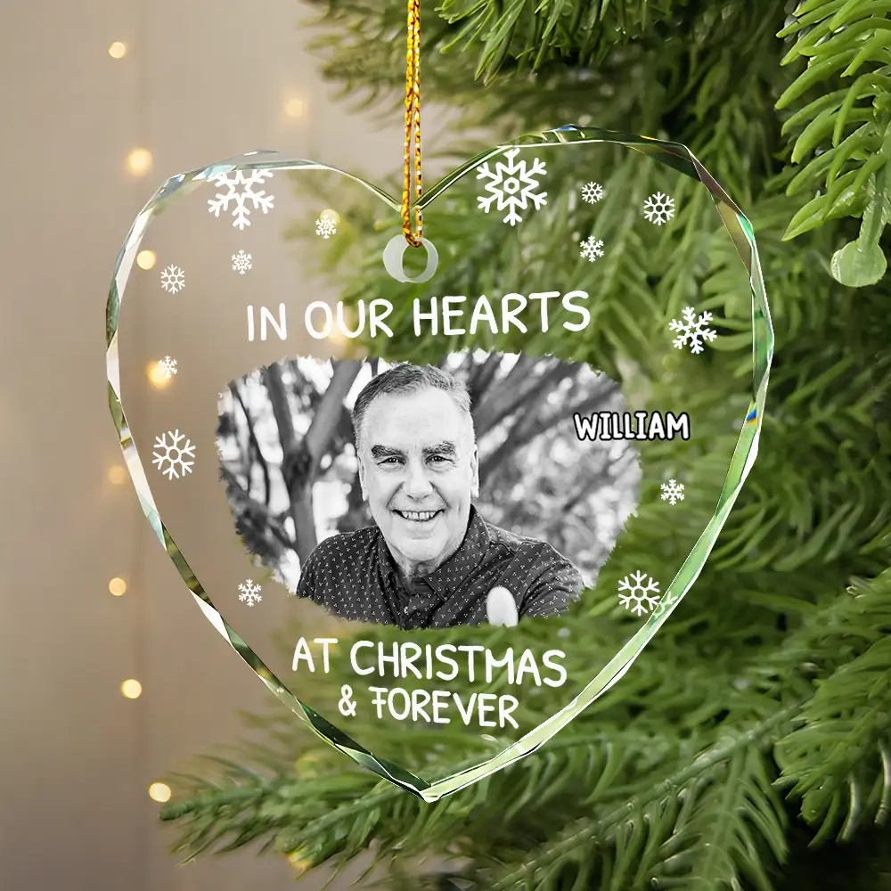 Custom Photo In Our Hearts At Christmas & Forever - Personalized Heart Shaped Glass Ornament - Image 2