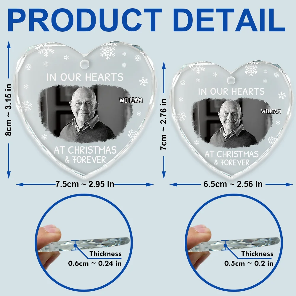 Custom Photo In Our Hearts At Christmas & Forever - Personalized Heart Shaped Glass Ornament - Image 5
