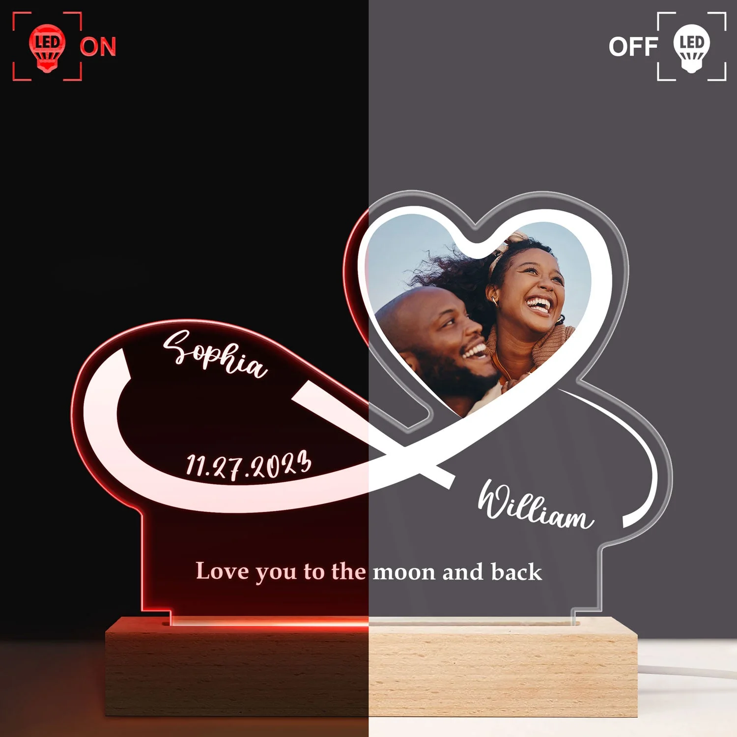 Custom Photo Infinity Heart - Anniversary, Loving Gift For Couples, Spouse, Lover, Wife, Husband, Girlfriend, Boyfriend - Personalized 3D Led Light Wooden Base - Image 2