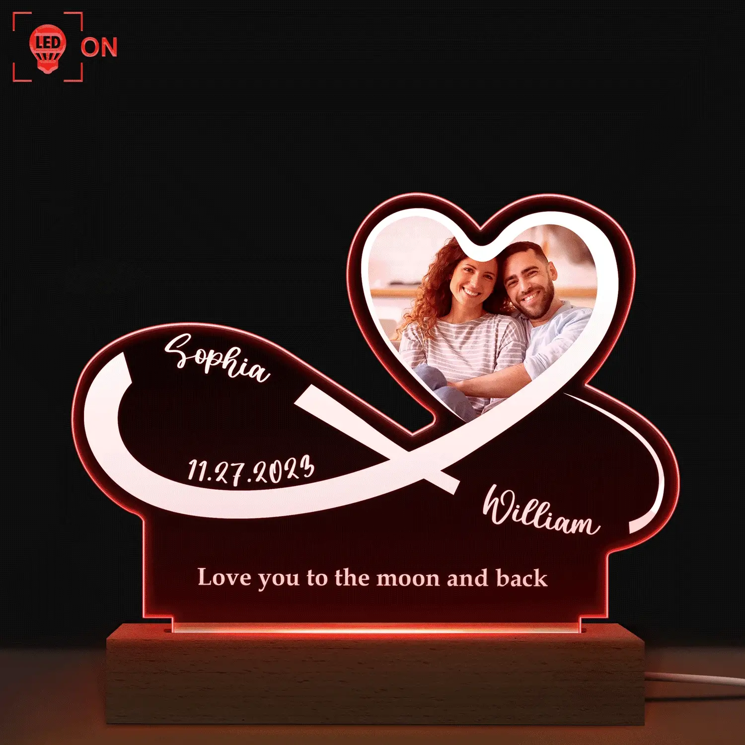 Custom Photo Infinity Heart - Anniversary, Loving Gift For Couples, Spouse, Lover, Wife, Husband, Girlfriend, Boyfriend - Personalized 3D Led Light Wooden Base - Image 3
