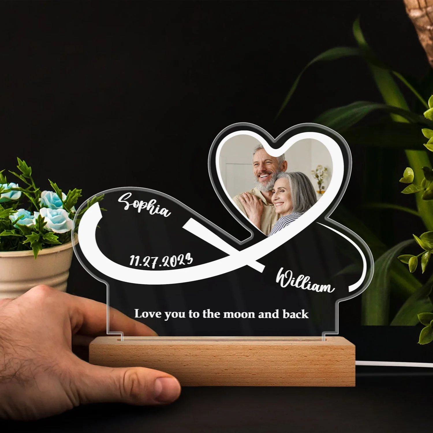 Custom Photo Infinity Heart - Anniversary, Loving Gift For Couples, Spouse, Lover, Wife, Husband, Girlfriend, Boyfriend - Personalized 3D Led Light Wooden Base - Image 4