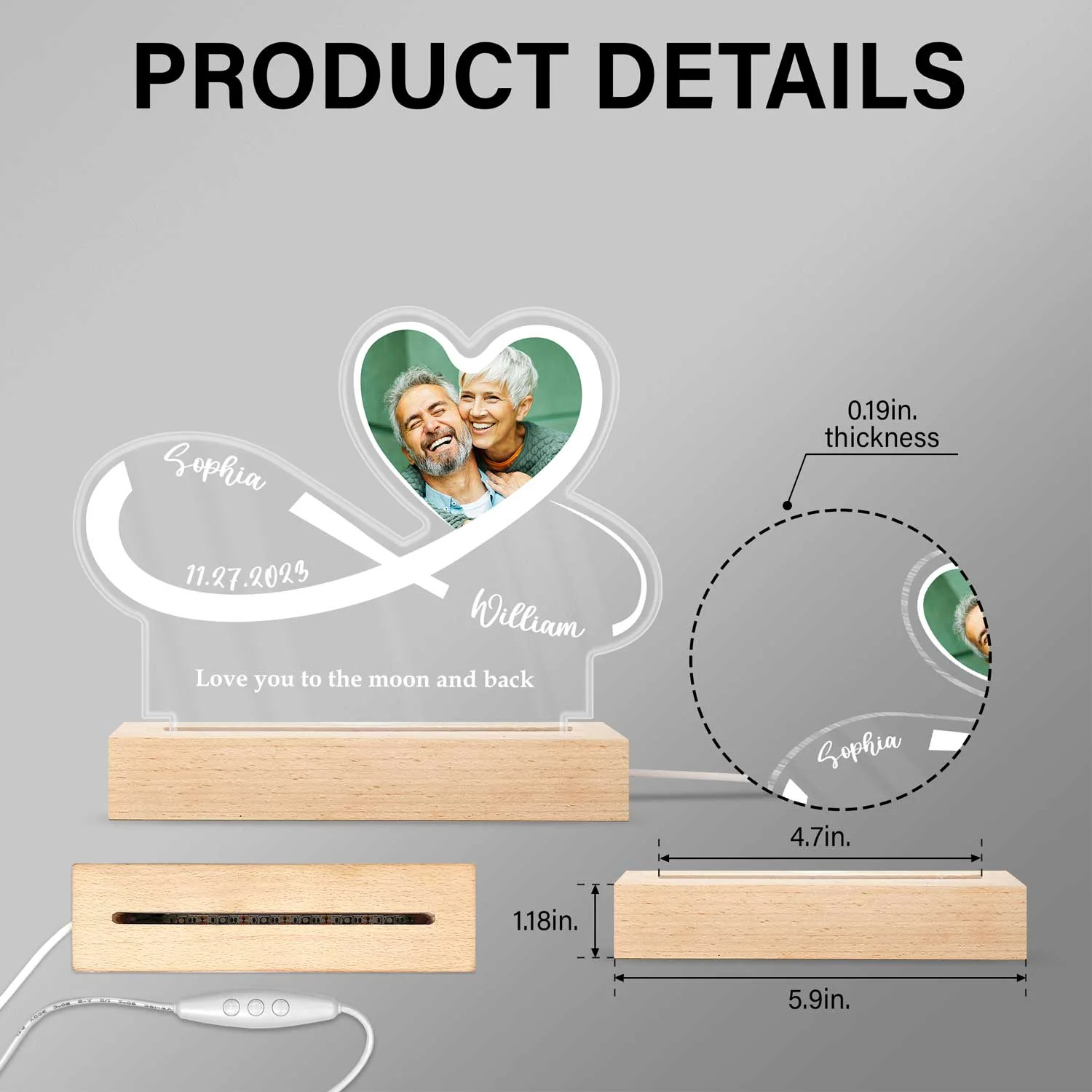Custom Photo Infinity Heart - Anniversary, Loving Gift For Couples, Spouse, Lover, Wife, Husband, Girlfriend, Boyfriend - Personalized 3D Led Light Wooden Base - Image 5