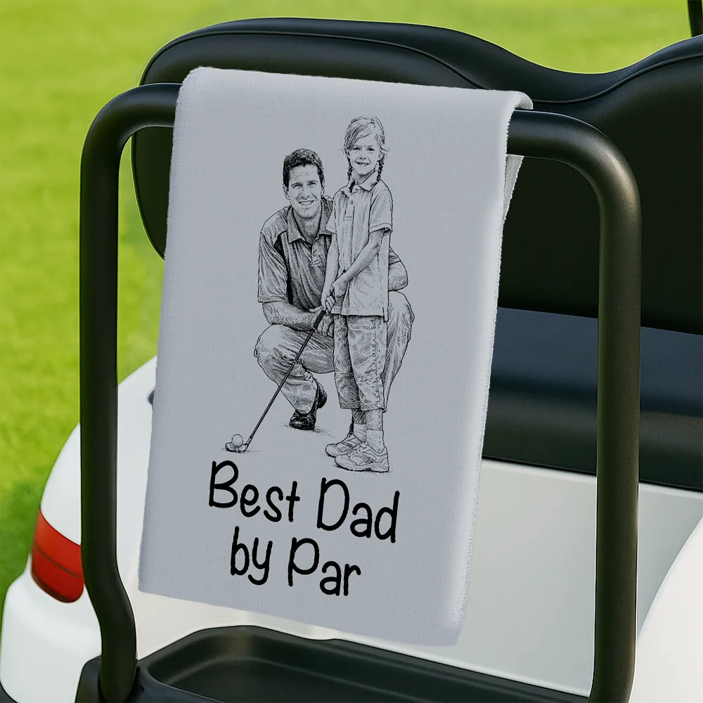Custom Photo Ink Drawing Best Dad Papa By Par - Personalized Golf Towel - Image 3
