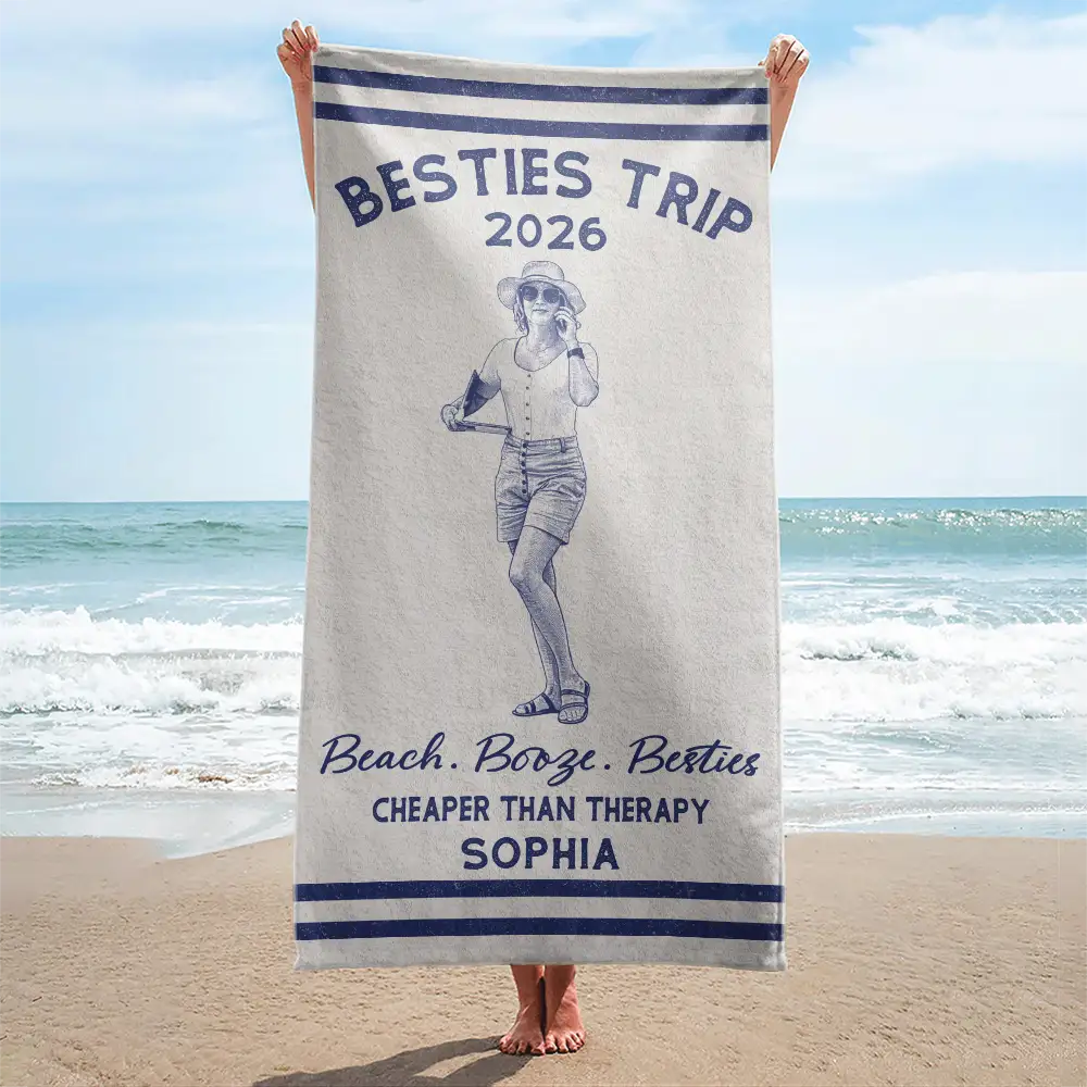 Custom Photo Ink Drawing Girls Trip Family Trip Beach Vacation - Personalized Beach Towel - Image 3