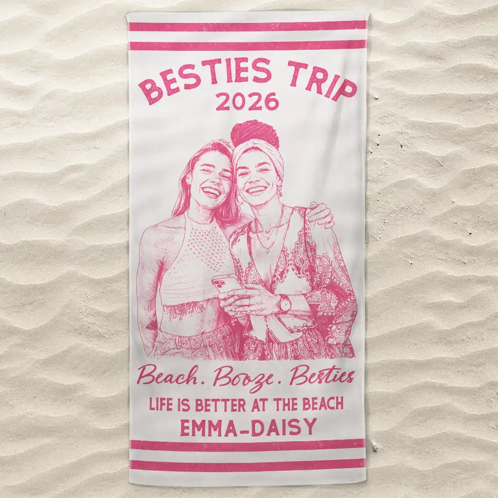 Custom Photo Ink Drawing Girls Trip Family Trip Beach Vacation - Personalized Beach Towel - Image 4