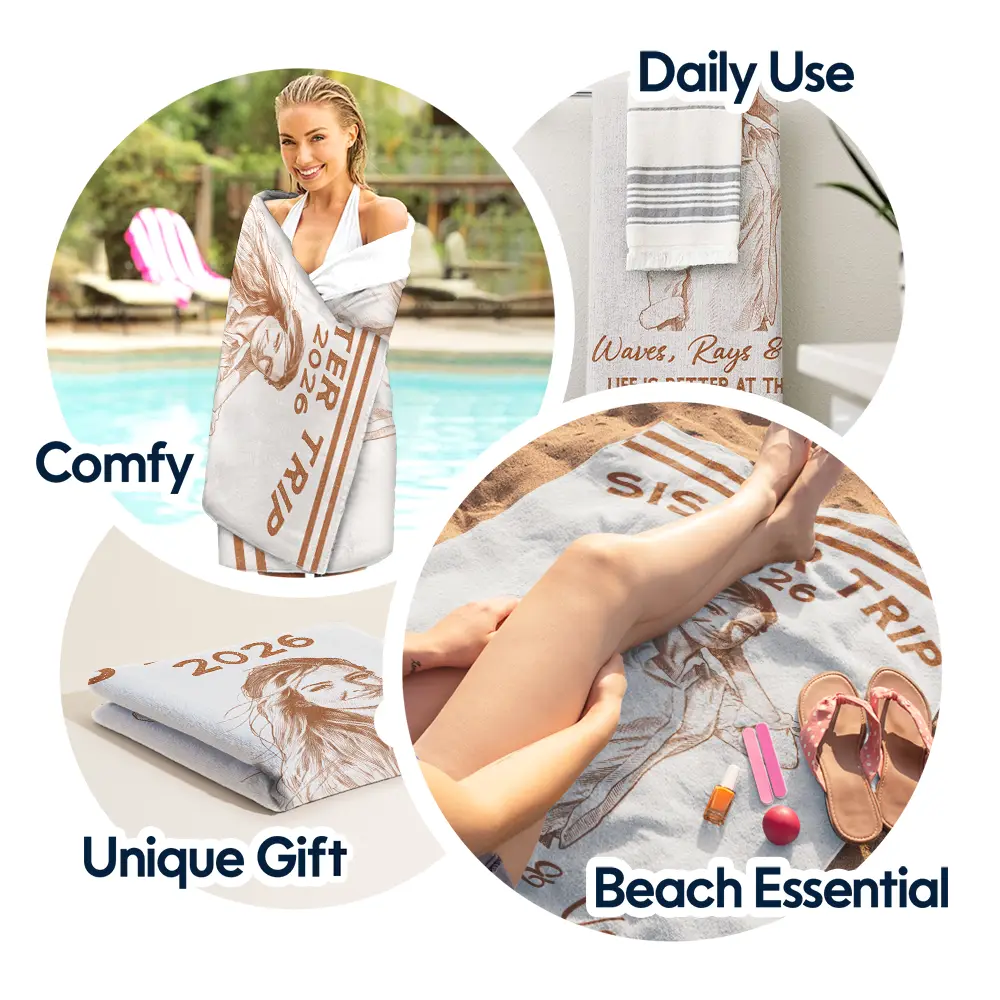 Custom Photo Ink Drawing Girls Trip Family Trip Beach Vacation - Personalized Beach Towel - Image 6