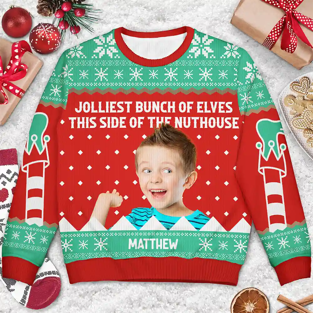 Custom Photo Jolliest Bunch Of Elves - Personalized Unisex Ugly Sweater - Image 4