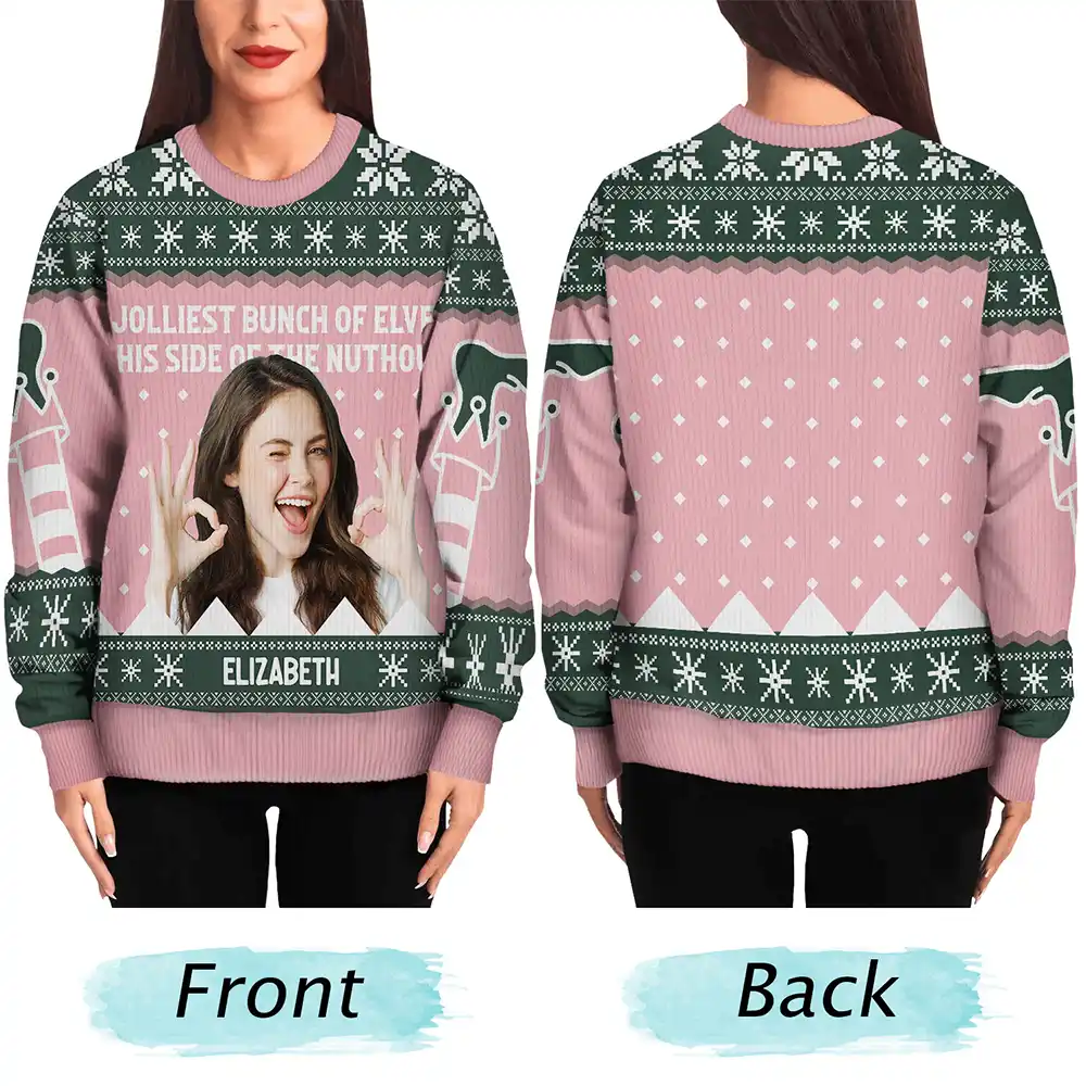 Custom Photo Jolliest Bunch Of Elves - Personalized Unisex Ugly Sweater - Image 6