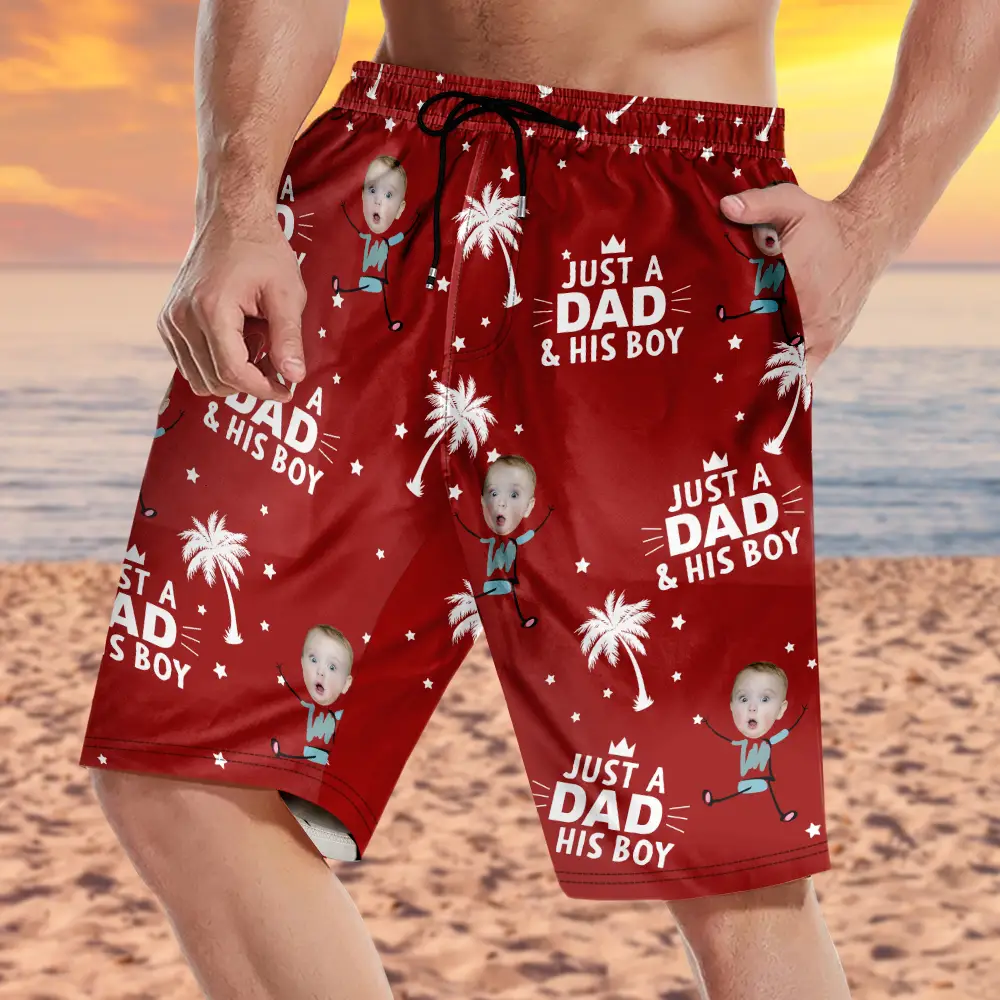 Custom Photo Just A Dad And His Girls - Personalized Unisex Beach Shorts - Image 2