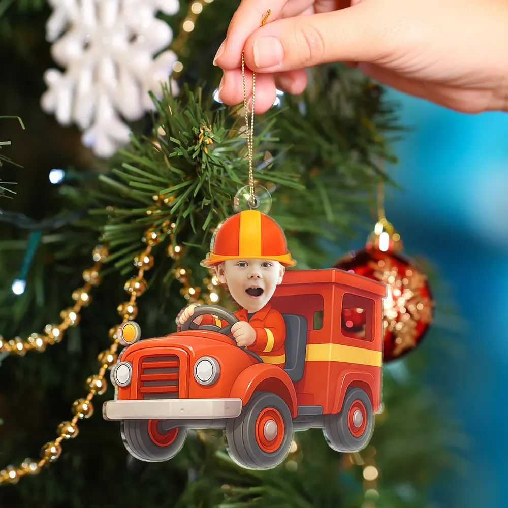 Custom Photo Kid Riding Fire Truck - Personalized Acrylic Photo Ornament - Image 5