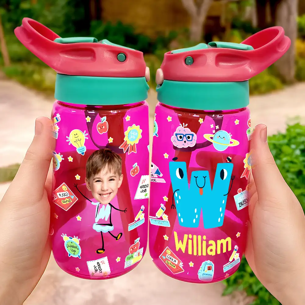 Custom Photo Letter School Kid - Personalized Kids Water Bottle With Straw - Image 4