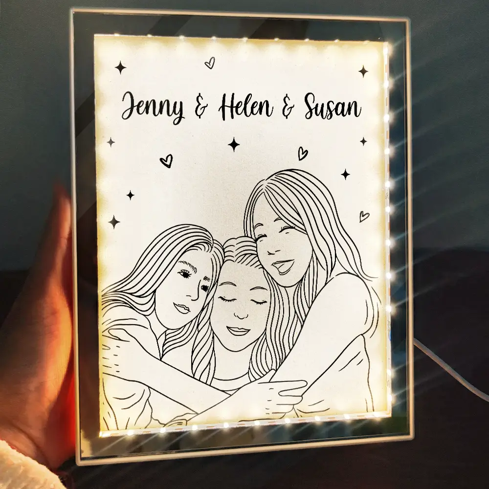 Custom Photo Line Art Couple Portrait Bestie Family - Personalized LED Mirror Frame Lamp - Image 3