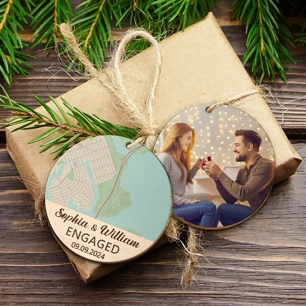 Custom Photo Location Map Married Engaged Couples - Personalized Wooden Ornament Print 2 Sides - Image 6