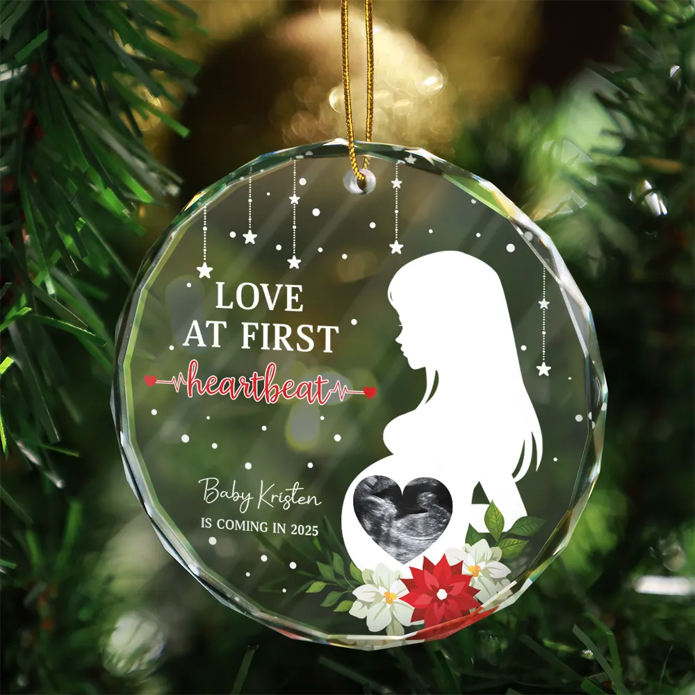 Custom Photo Love At First Heartbeat - Personalized Circle Glass Ornament - Image 3
