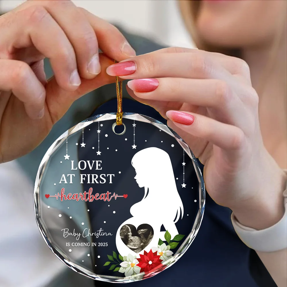 Custom Photo Love At First Heartbeat - Personalized Circle Glass Ornament - Image 4