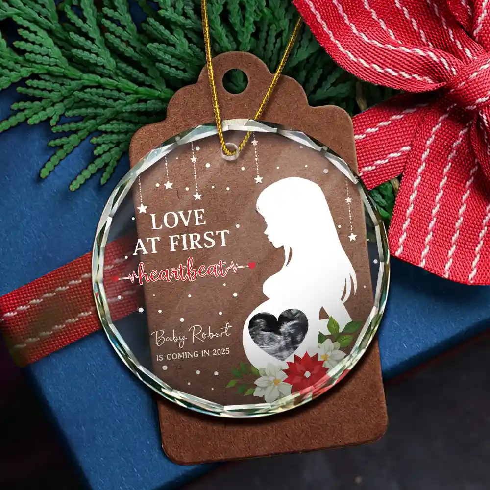 Custom Photo Love At First Heartbeat - Personalized Circle Glass Ornament - Image 5