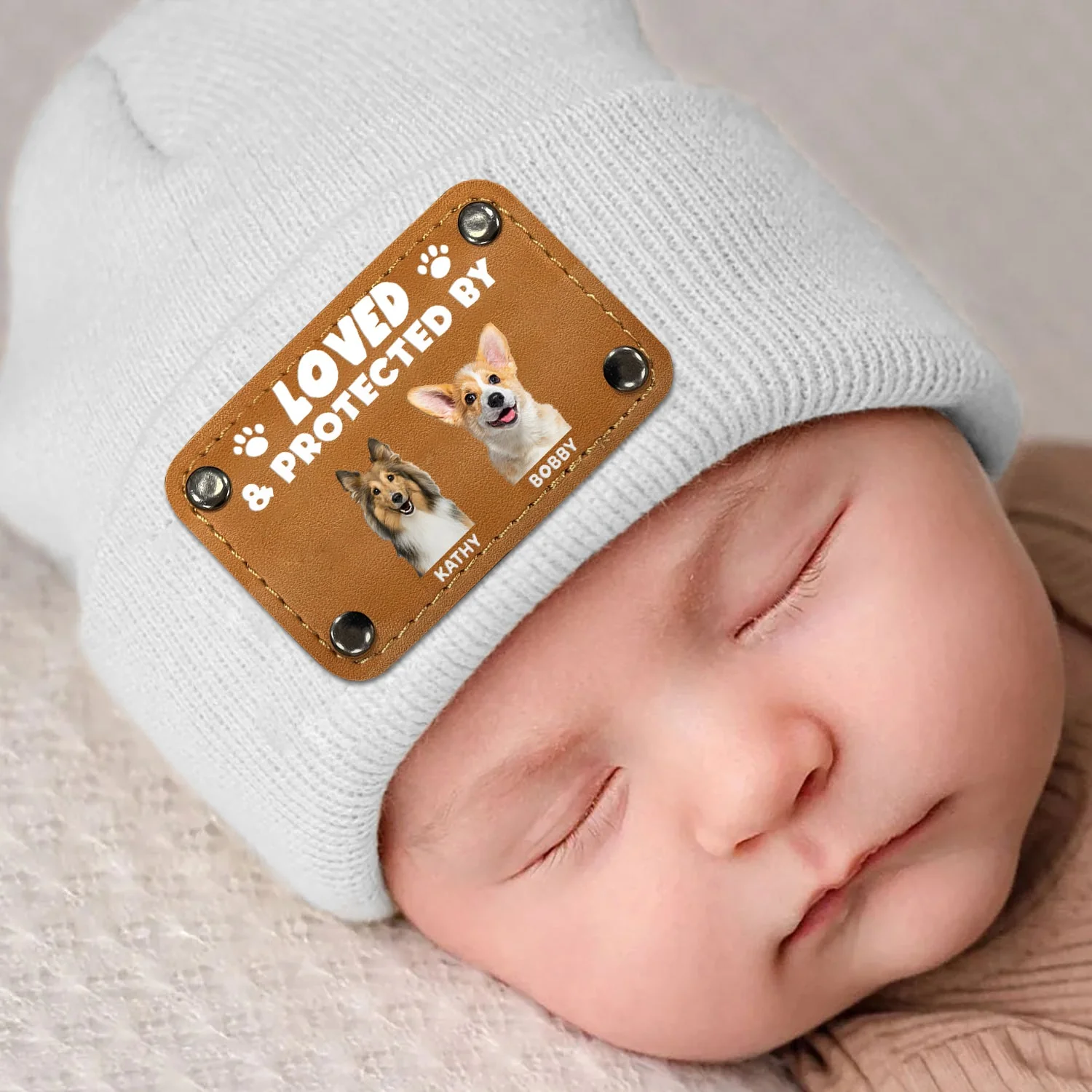 Custom Photo Loved & Protected By - Gift For Baby, Pet Lovers - Personalized Beanie With Leather Patch - Image 5