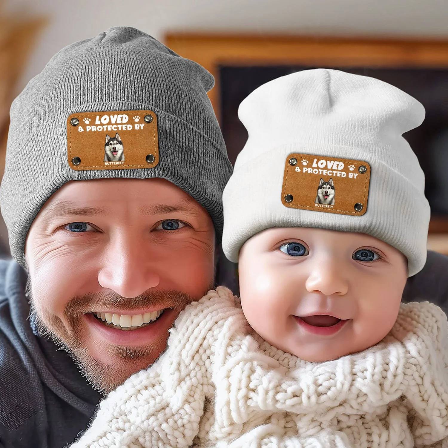 Custom Photo Loved & Protected By - Gift For Baby, Pet Lovers - Personalized Beanie With Leather Patch - Image 6