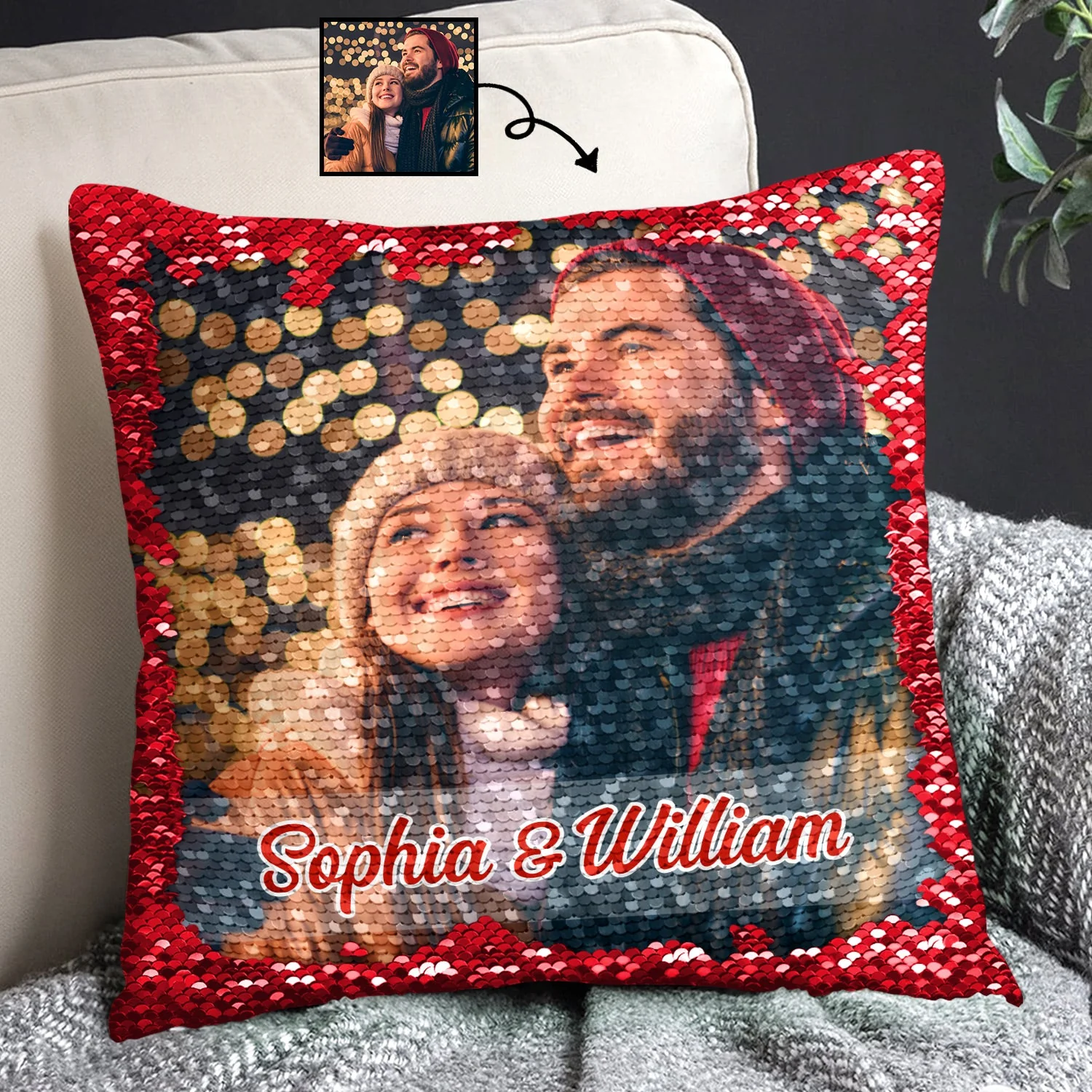 Custom Photo Lovely Family - Gift For Couples, Husband And Wife, Kids, Grandparents - Personalized Sequin Pillow, Mermaid Sequin Cushion Magic Reversible Throw Pillow - Image 2