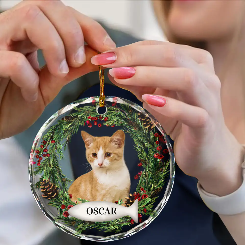 Custom Photo Lovely Pet Face Dog Cat - Personalized Circle Glass Ornament - Image 5